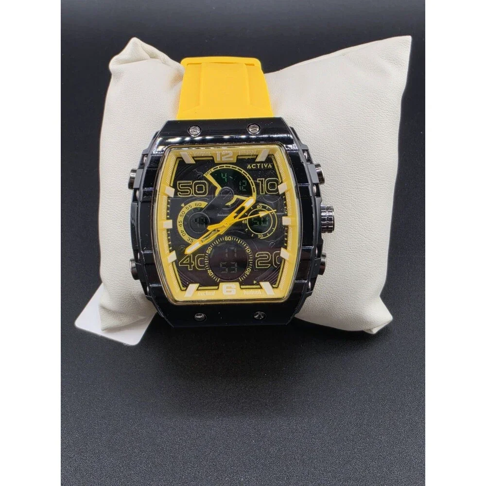 Activa Quartz Tonneau Multi-Dial Watch Yellow Rubber Strap 44-47.9mm 50m